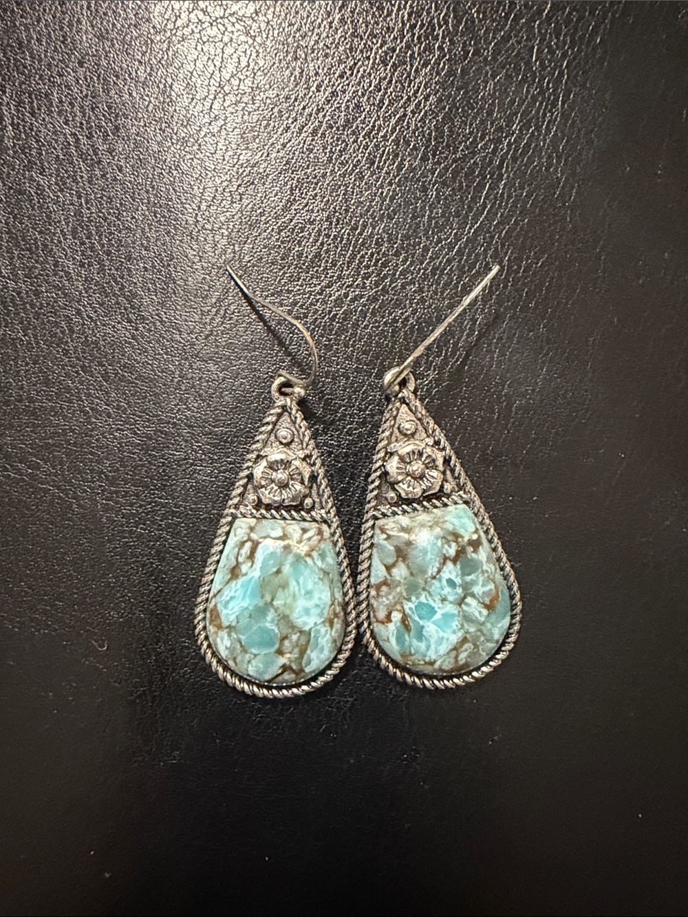 Turquoise Teardrop Dangle Earrings in Silver-Tone
